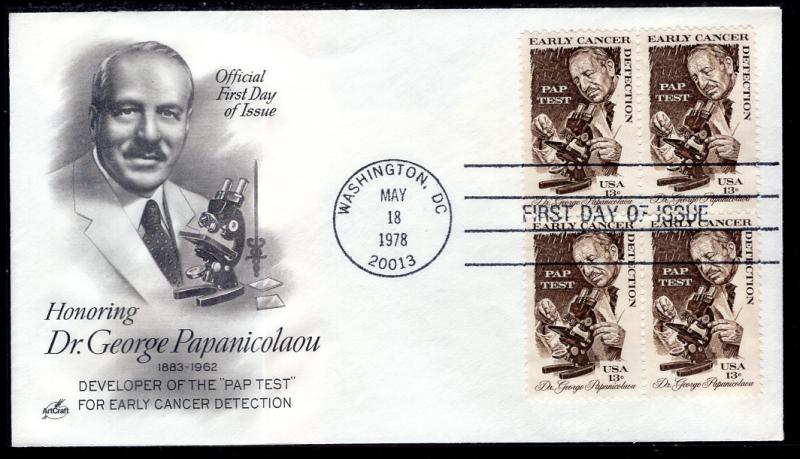 US 1754 Dr Papanicolaou Block of Four Artcraft U/A FDC