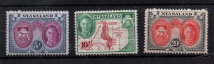 Nyasaland 1945 KGVI 5/- 10/- & 20/- mint LHM SG155-157 WS36263