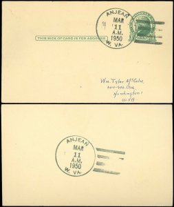 3/11/1950 ODD / FUNNY / SMALL TOWN Cds, ANJEAN W. VA Postal Card w Addy, 2 PMKs! 