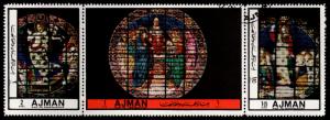 Ajman - Cancelled Strip of 3 Stampworld.com #2647-9 (Stained Glass Art)