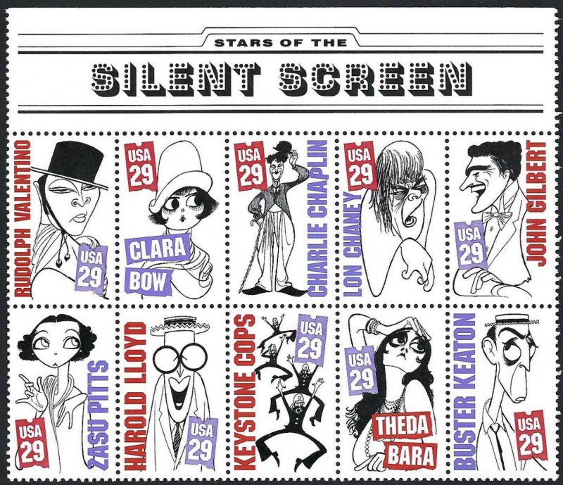 2819-28,  29c Silent Screen Stars, HEADER Block of 10,  Mint NH VF