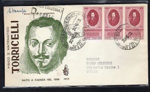 Italy FDC Venetia 1958 Torricelli strip of three traveled Racc. For Italy