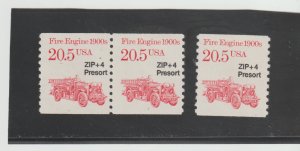 US Scott #2264, PAIR + Single 1988 Fire Engine 20.5c FVF MNH