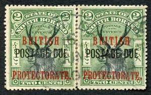 North Borneo SGD38a 2c perf 14.5-15 Post Due Fine used Re-joined Pair Cat 70 Po