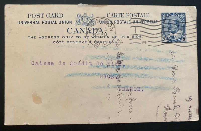 1910 Toronto Canada Postal Stationery Postcard Cover To Nice France 