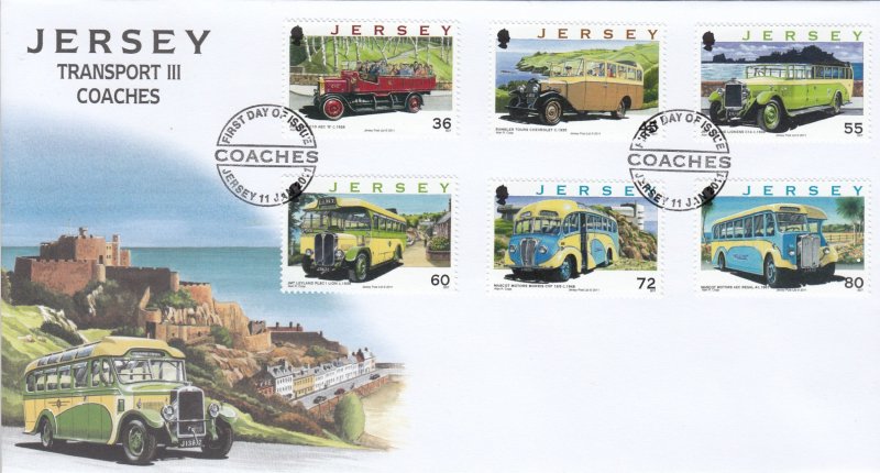 Jersey 2011, Buses, set of 6. ,on FDC