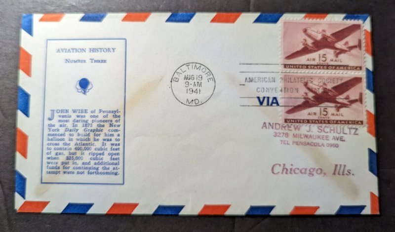 1941 USA Aviation History Philatelic Airmail Cover Baltimore MD to Chicago IL