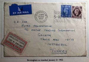 1952 Birmingham England Airmail Cover To Istanbul Turkey Yeni Sabah Label