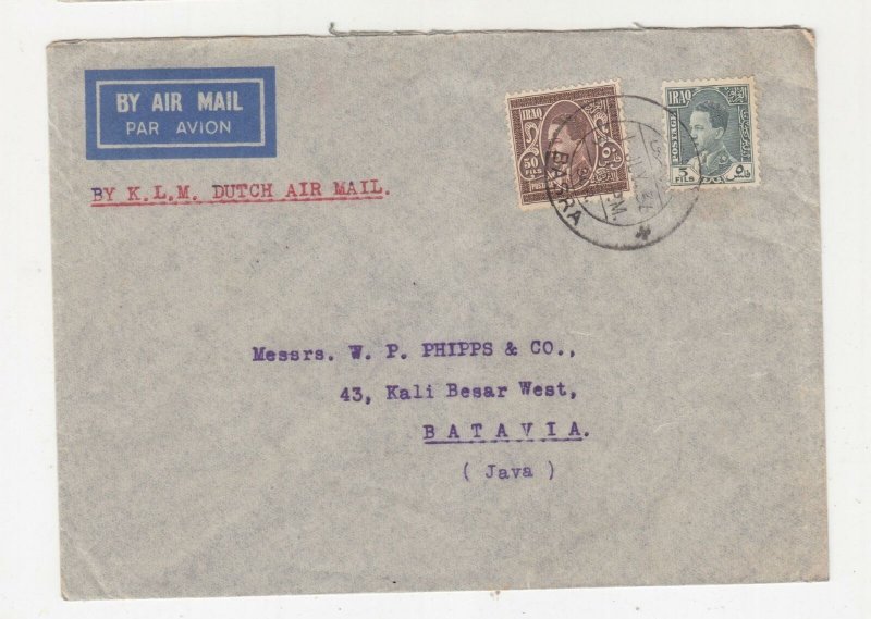 IRAQ, 1936 Airmail cover, Basrah to Neth. East Indies, 5f., & 50f.