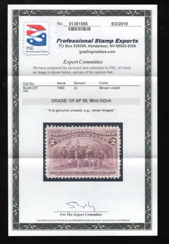 MOMEN: US STAMPS #231 MINT OG NH PSE GRADED CERT VF/XF-85 LOT #80263 