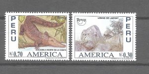 PERU 1995 AMERICA UPAEP FAUNA BLACK CROCODILE NATURE LOMAS DE LACHAY SC 1137/8