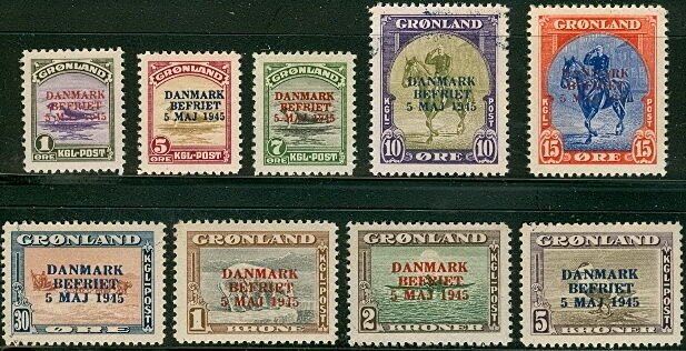 GREENLAND #19-27 (19-27) Complete set w/Ovpt NH, Scott $1,350.00