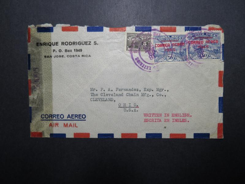 Costa Rica 1945 Censored Airmail Cover to Ohio - Z11998