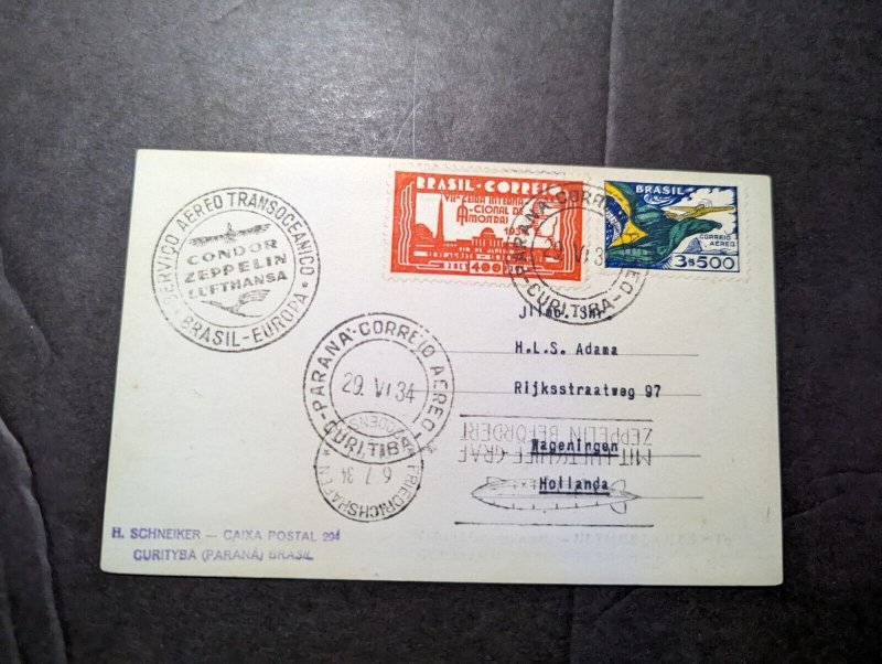 1934 Brazil LZ 127 Graf Zeppelin Cover Curitiba to Wageningen Netherlands