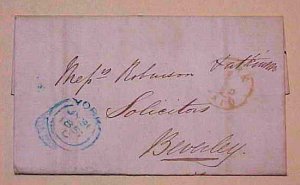 GREAT BRITAIN  STAMPLESS  TORK 1d PAID 1851 B/S BEVERLY