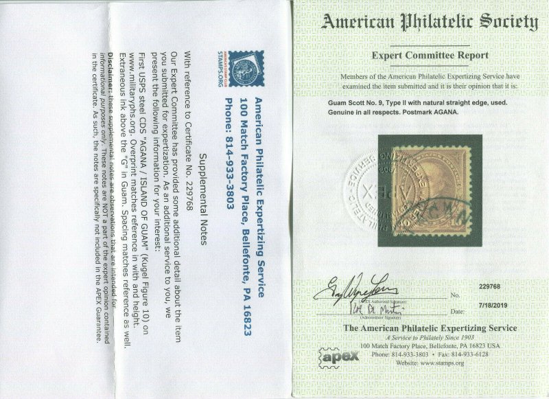 Guam Scott 9 Type 2 Used Stamp with APS Cert ****WORLD CLASS RARE USED STAMP****