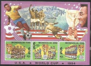 MONGOLIA - 1994 - World Cup, Pele - Perf 3v Souv Sheet - Mint Never Hinged