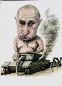2022 war in Ukraine postcard Putin on a tank. Military Caricature