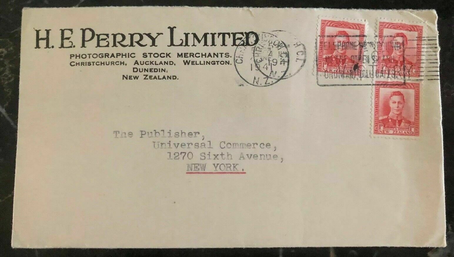 1946 Christchurch New Zealand Photographic Stock Commercial Cover To New York Us Australia