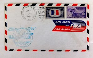 Detroit MI to Frankfurt German First Flight TWA, FAM27, 1951 w/airmail sticker