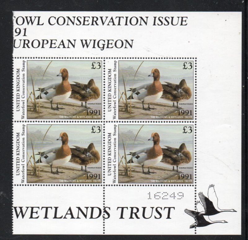 Great Britain 1991 £3 European Widgeon Waterfowl Conservation block of 4 mint NH