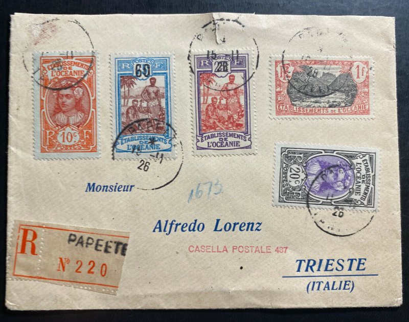 1926 Papeete Tahiti Registered Cover to Trieste Italy Sc#49