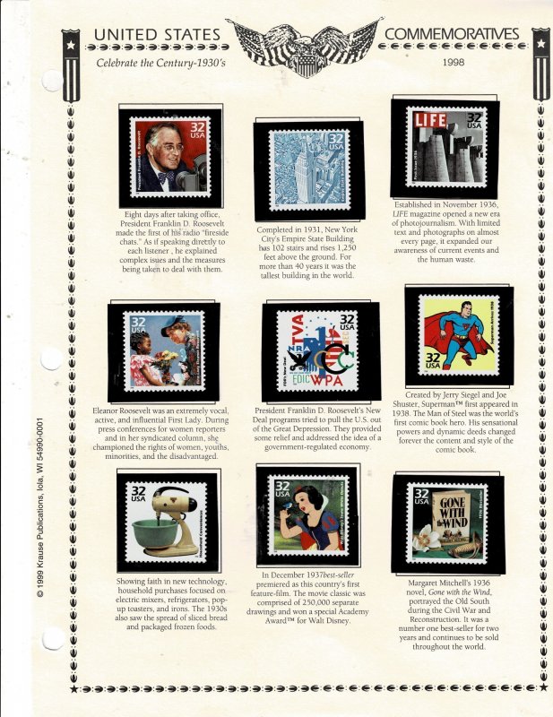 Celebrate the Century 1930s 32c US Postage Singles #3185a-o VF MNH