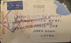 O) 1941 AUSTRALIA, SERVICE SUSPENDED, CENSORSHIP NOT TRANSMISSIBLE, CHINA DESTIN 