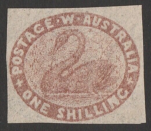 WESTERN AUSTRALIA 1854 Swan 1/- deep red-brown, imperf. RARE with Certificate.