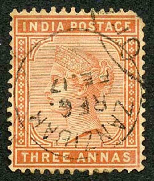 Zanzibar SGZ87 1882-90 India 3a Brown-orange 17 Feb with CDS (type Z6) Used