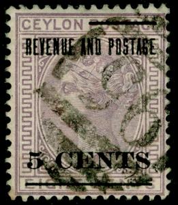 CEYLON SG187, 5c on 8c lilac, USED.