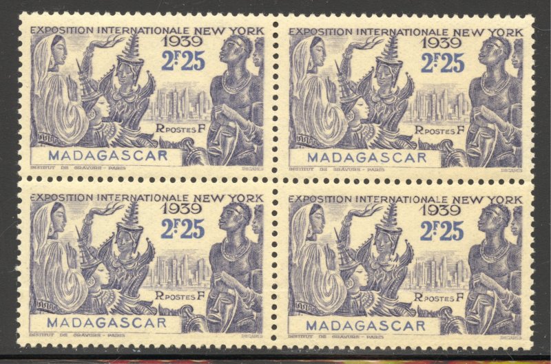 Madagascar Scott 210 MNHOG Block of 4 - 1939 2.25fr New York World's Fair