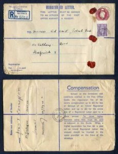 RP68 KGVI 6 1/2d Puce Registered Envelope Size H And Up To 2 on Back Uprated 