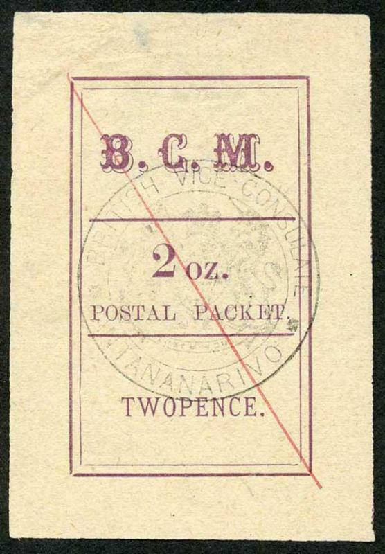 Madagascar SG6 2d (2 oz) Magenta Red Control Line Black Handstamp Fine unused