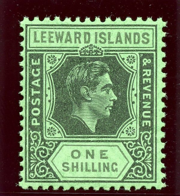 Leeward Islands 1942 KGVI 1s black & grey/emerald (O) superb MNH. SG 110bb.