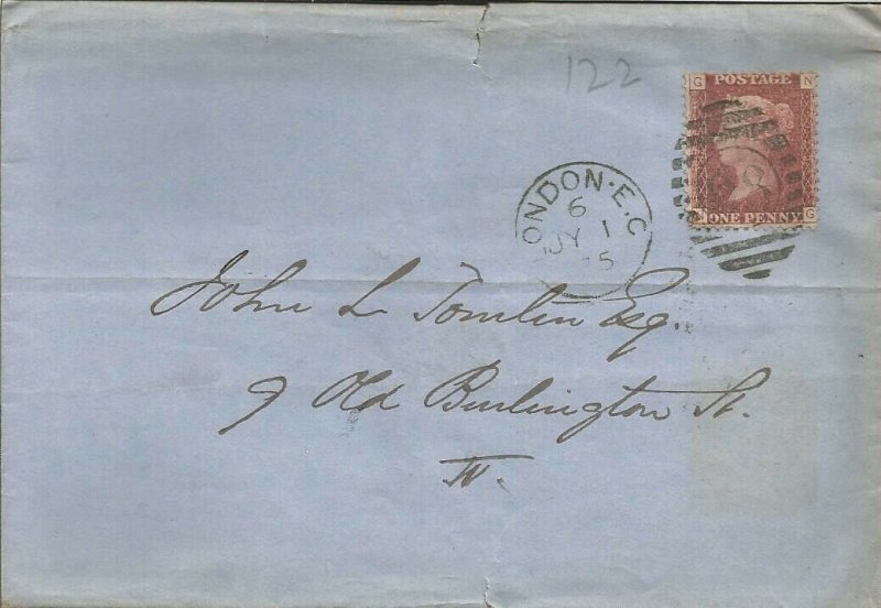 GB QV 1876 LOCAL LONDON COVER PENNY RED ‘NG’ PLATE 122 DATED 01ST JULY 1876.