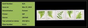 US 4977b Ferns forever coil strip set (2014 date, from 10K coil) SSP MNH 2015