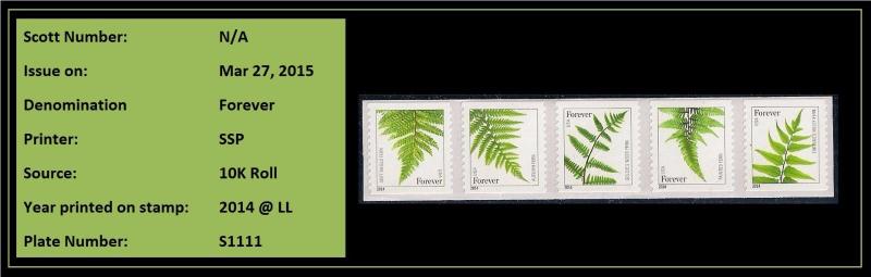 US 4973-4977 4977b Ferns forever coil strip SSP (2014 date, 10K coil) MNH 2015