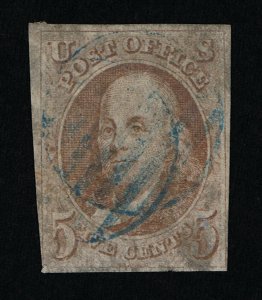 GENUINE SCOTT #1 USED 1847 RED BROWN 4-MARGINS WITH BLUE GRID IN CIRCLE CANCEL