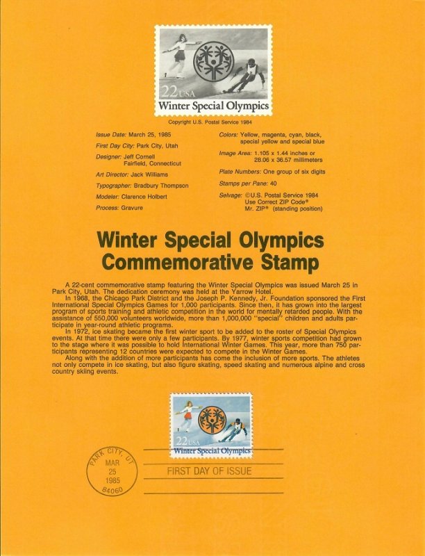 US SP691 Winter Special Olympics Souvenir Page #2142