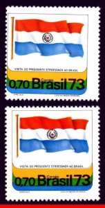 1280 BRAZIL 1973 *ERROR*, PERFORATION DISPLACED, VISIT PRES. PARAGUAY, FLAGS MNH