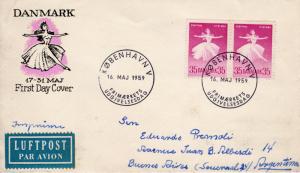Denmark 1959 Sc#369 BALLET DANCER Pair FDC send to Argentina Postal History