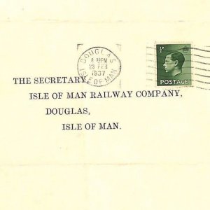 GB KEVIII 1937 IOM Cover *ISLE OF MAN RAILWAY Co* Reply Wrapper {samwells}SS252