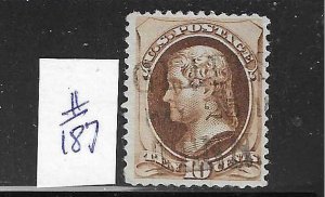 US #187 1879 JEFFERSON 10 CENTS (BROWN)-SOFT POROUS PAPER-NO SECRET MARK)- USED