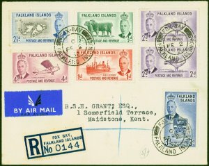 Falkland Is 1952 Registered Cover to Maidstone Bearing 'Fox Bay' C FE 2 52' CDS