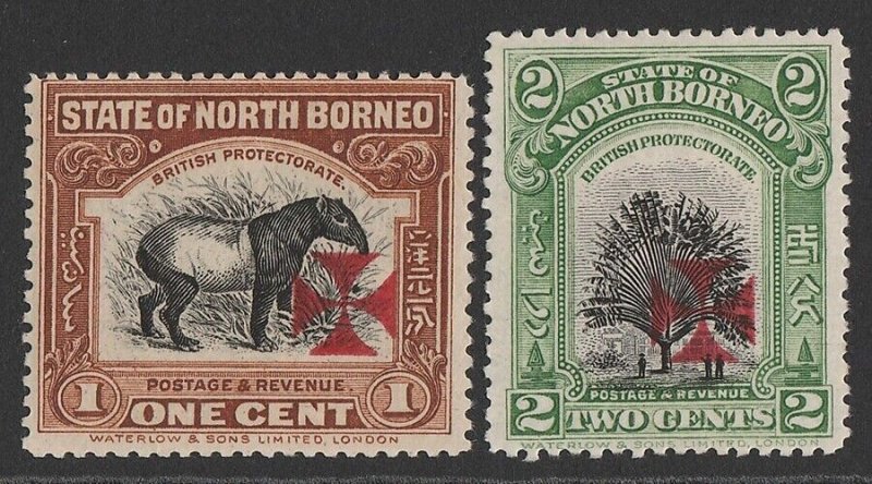 NORTH BORNEO 1916 Red Cross carmine on Pictorial 1c & 2c, perf 13½-14.