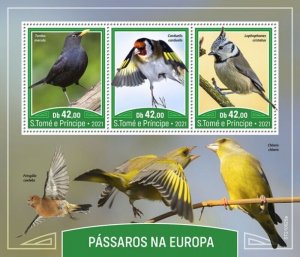 St Thomas - 2021 European Birds, Goldfinch - 3 Stamp Sheet - ST210525a