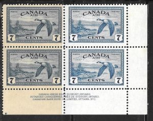 Canada C9: 7c Canada geese (Branta canadensis) Sudbury, plate block, MH, F-VF