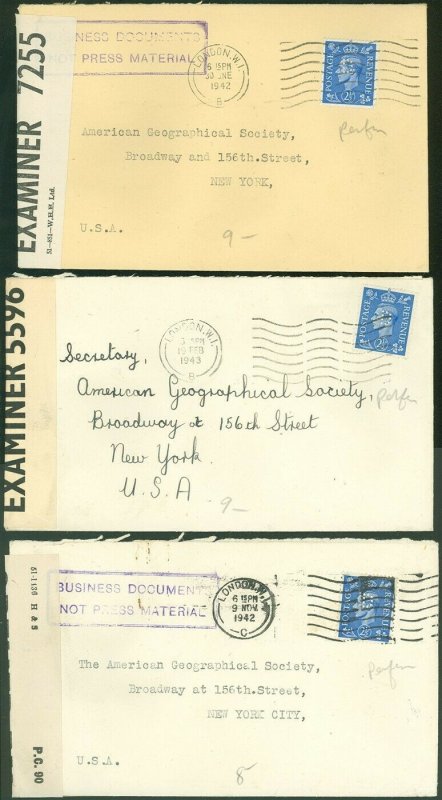 1942-3 (6) WWII London, Birm'gham England Cds's, D, CB/B C&H & CB PERFINS