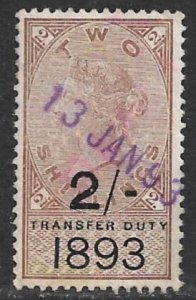 GREAT BRITAIN 1893 QV 2sh on 2sh TRANSFER DUTY Revenue Bft.49 VFU
